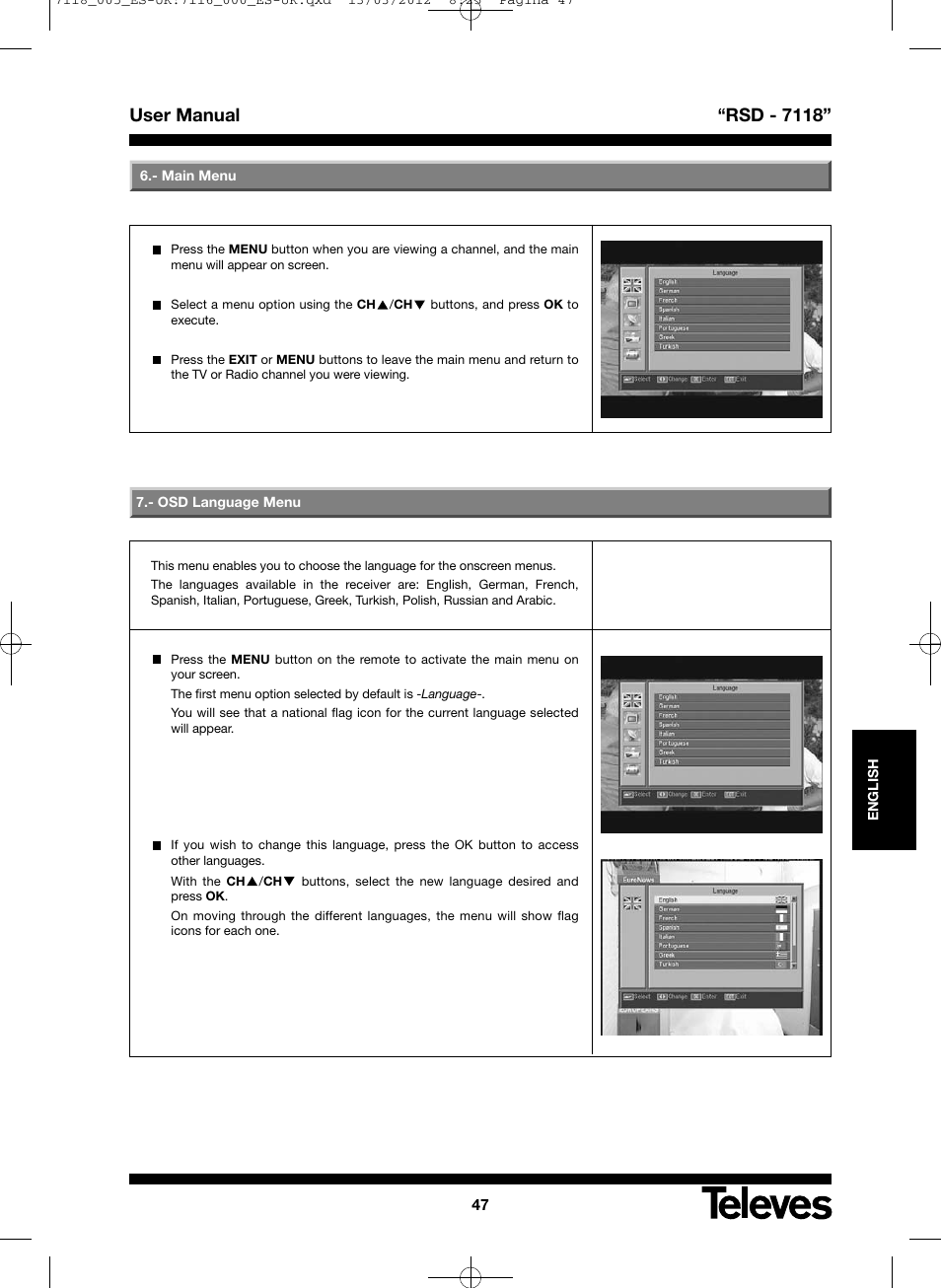User manual “rsd - 7118 | Televes FTA Satellite receiver w/modulator User Manual | Page 47 / 68