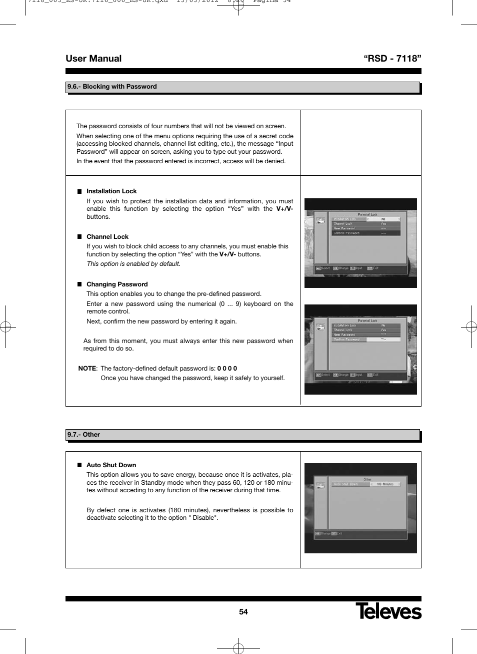 User manual “rsd - 7118 | Televes FTA Satellite receiver w/modulator User Manual | Page 54 / 68