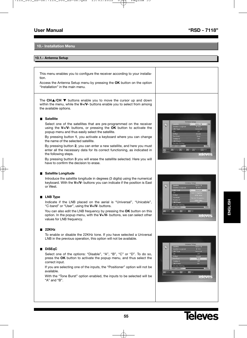 User manual “rsd - 7118 | Televes FTA Satellite receiver w/modulator User Manual | Page 55 / 68