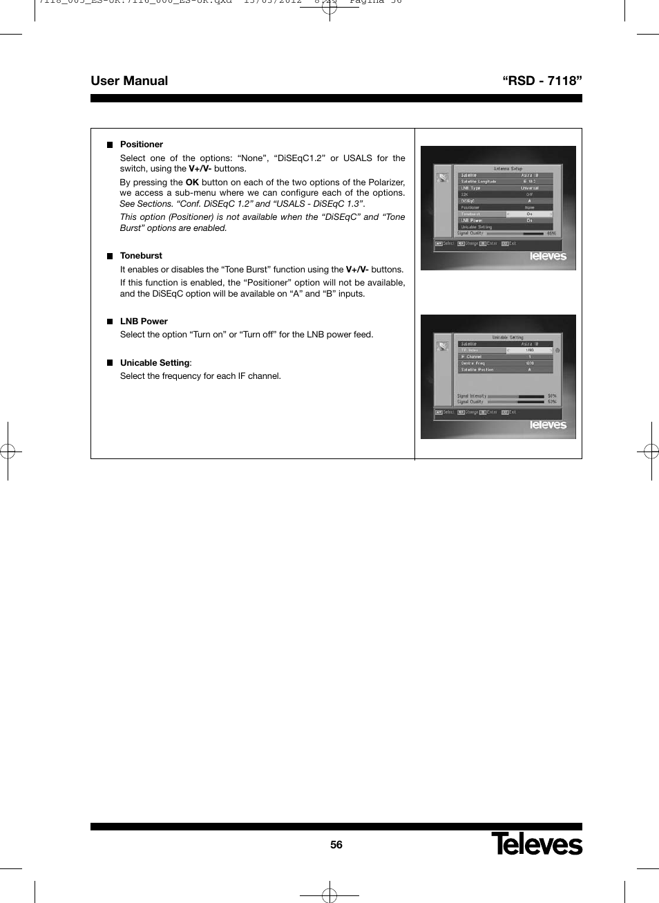 User manual “rsd - 7118 | Televes FTA Satellite receiver w/modulator User Manual | Page 56 / 68
