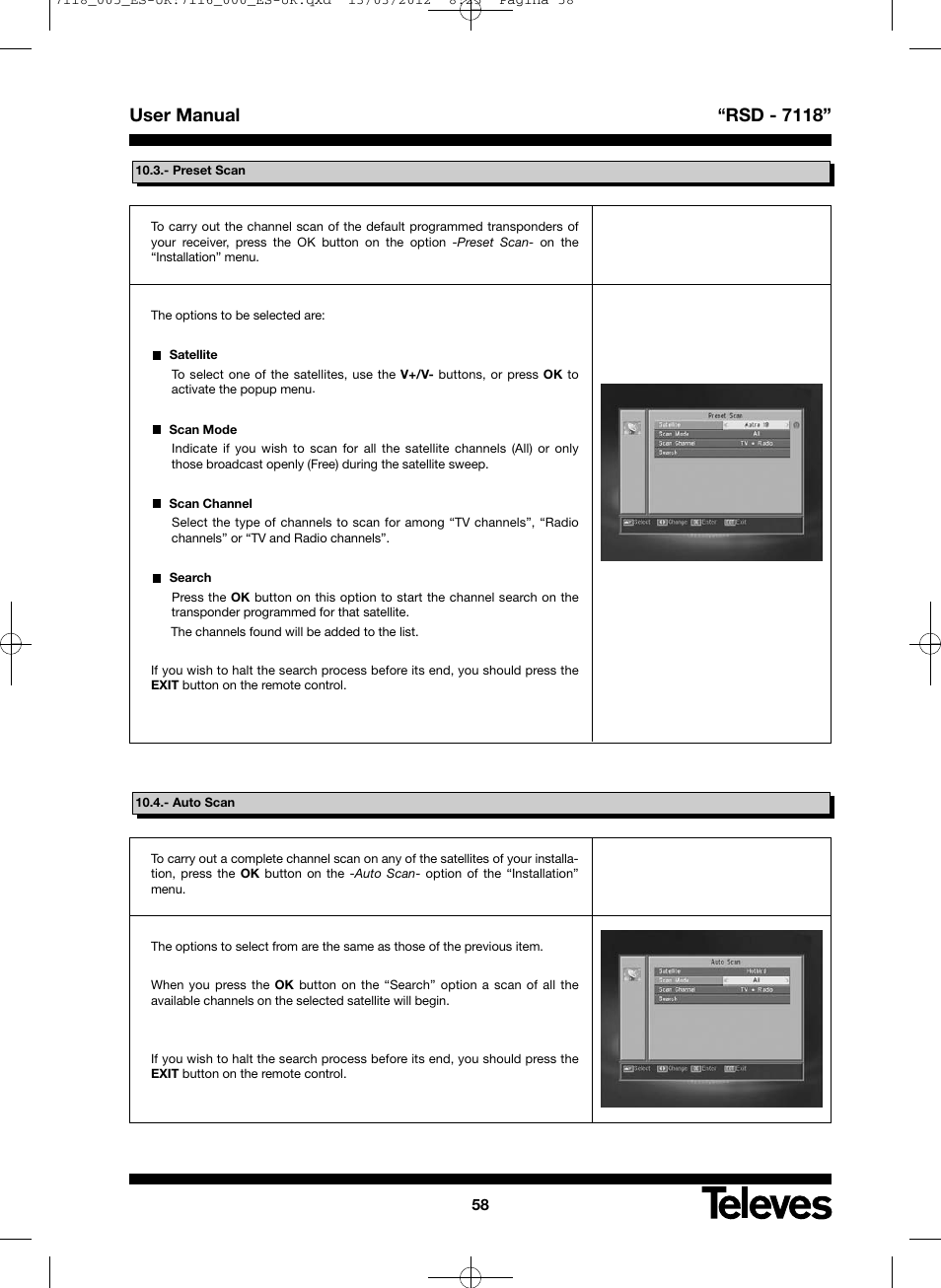 User manual “rsd - 7118 | Televes FTA Satellite receiver w/modulator User Manual | Page 58 / 68