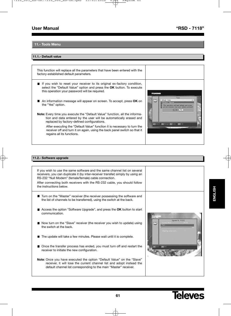 User manual “rsd - 7118 | Televes FTA Satellite receiver w/modulator User Manual | Page 61 / 68