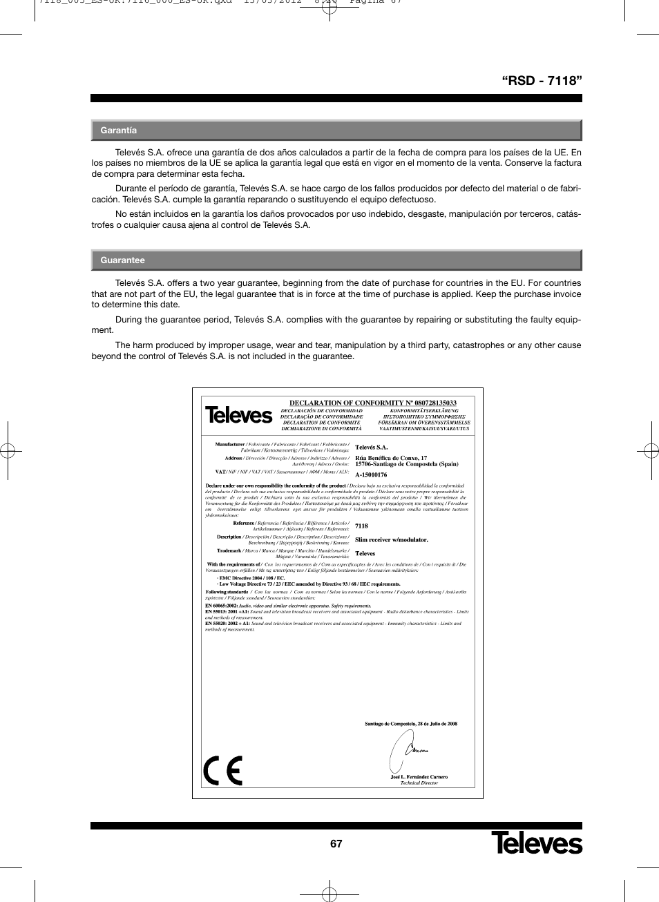 Rsd - 7118 | Televes FTA Satellite receiver w/modulator User Manual | Page 67 / 68