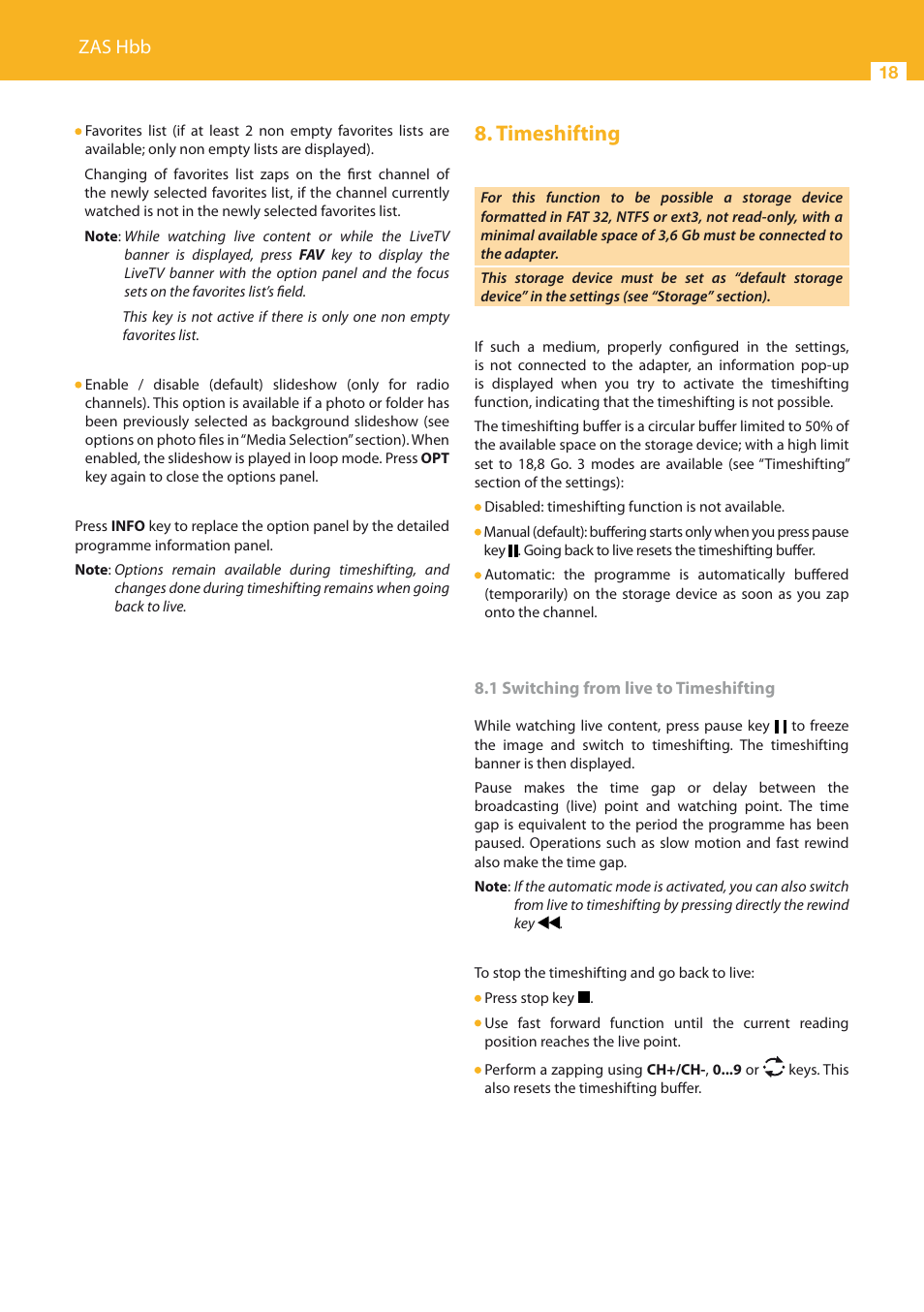 Timeshifting, Zas hbb | Televes HD DTT STB TV on demand access ZAS Hbb User Manual | Page 18 / 68