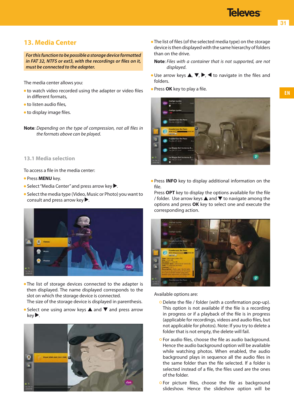 Media center | Televes HD DTT STB TV on demand access ZAS Hbb User Manual | Page 31 / 68