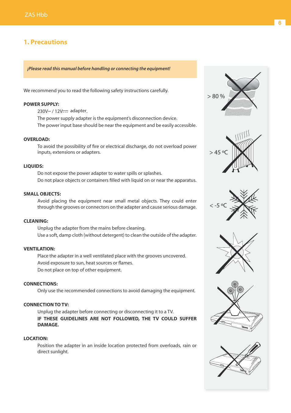 Precautions, Zas hbb | Televes HD DTT STB TV on demand access ZAS Hbb User Manual | Page 6 / 68