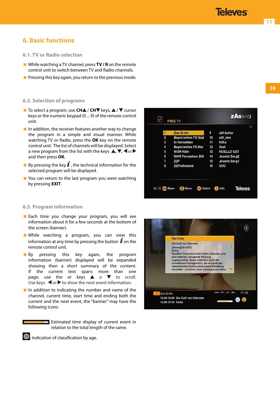 Basic functions, 11 en 6.1. tv or radio selection, Selection of programs | Program information | Televes High Definition TV Satellite Receiver, zAs HD SAT User Manual | Page 11 / 44