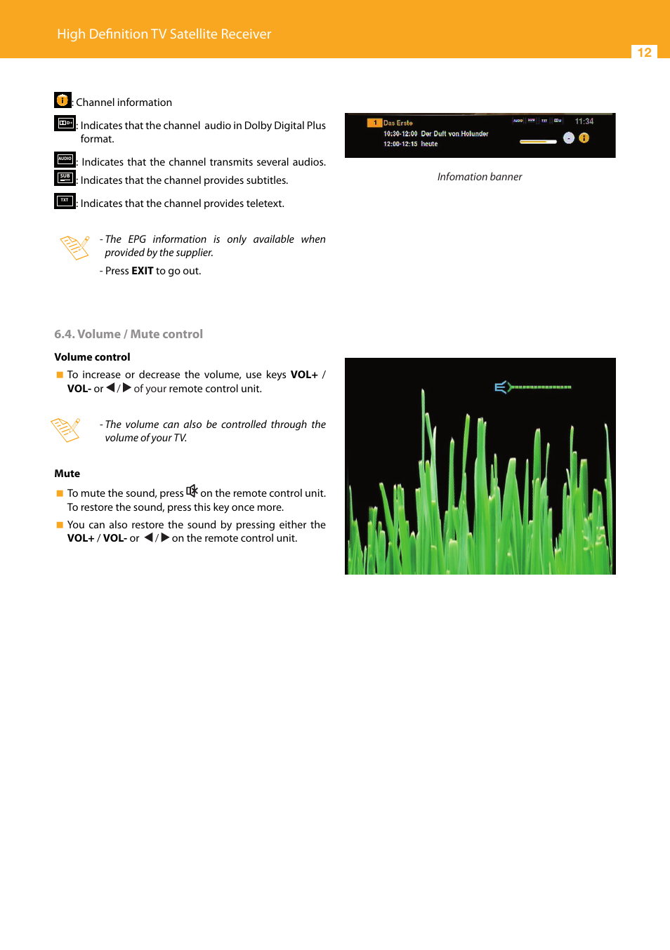 High definition tv satellite receiver, Volume / mute control, Channel information | Indicates that the channel provides subtitles | Televes High Definition TV Satellite Receiver, zAs HD SAT User Manual | Page 12 / 44