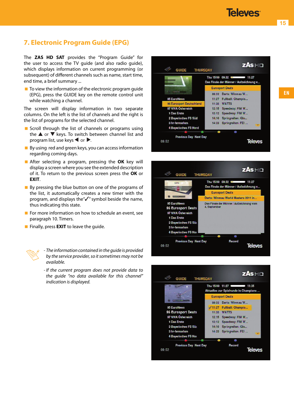 Electronic program guide (epg) | Televes High Definition TV Satellite Receiver, zAs HD SAT User Manual | Page 15 / 44