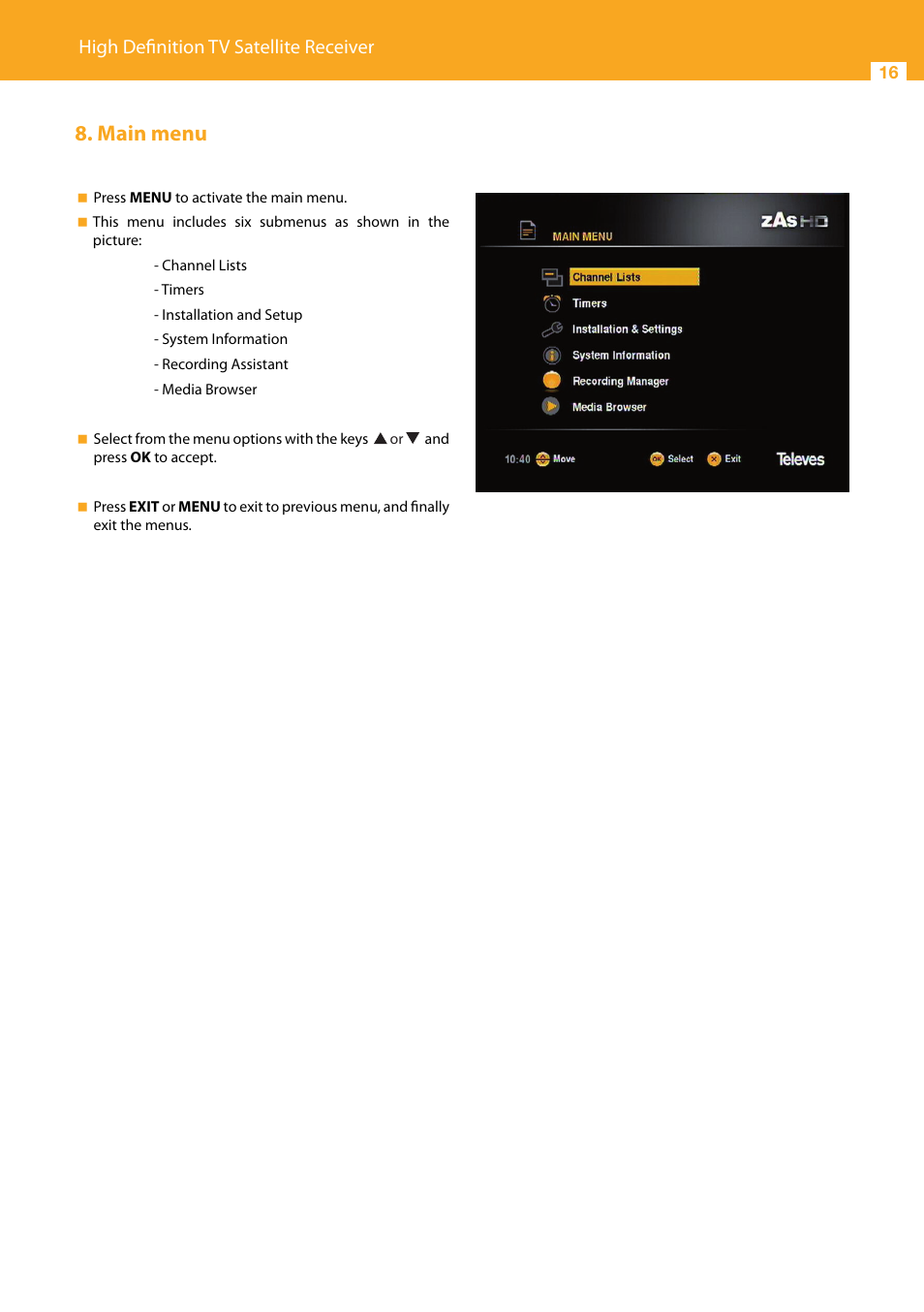 Main menu, High definition tv satellite receiver | Televes High Definition TV Satellite Receiver, zAs HD SAT User Manual | Page 16 / 44