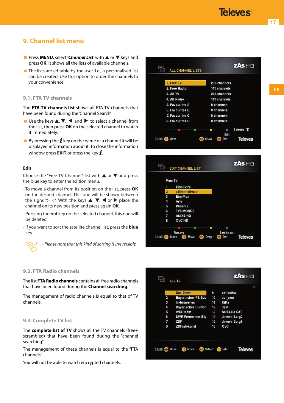 Channel list menu | Televes High Definition TV Satellite Receiver, zAs HD SAT User Manual | Page 17 / 44