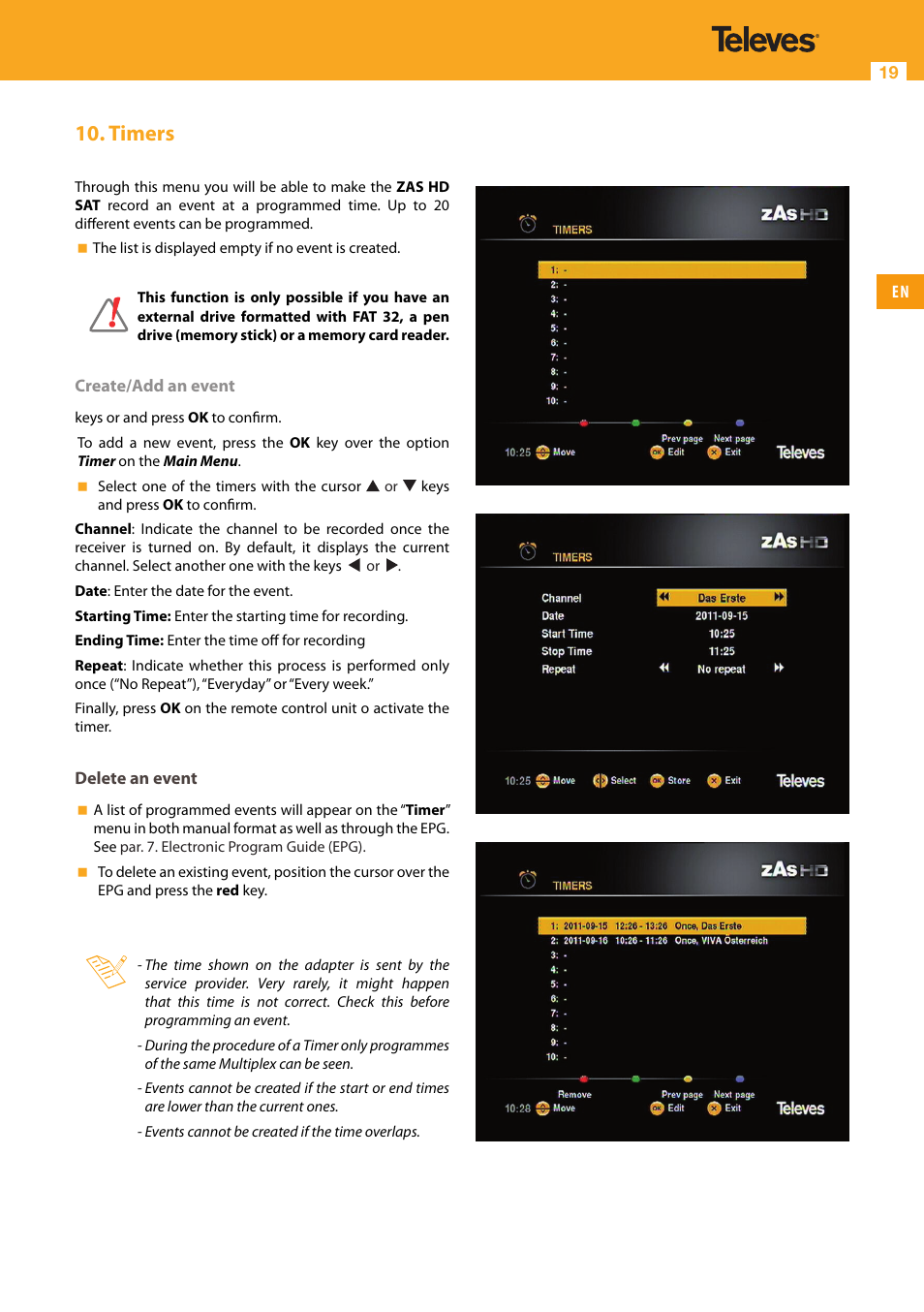 Timers | Televes High Definition TV Satellite Receiver, zAs HD SAT User Manual | Page 19 / 44