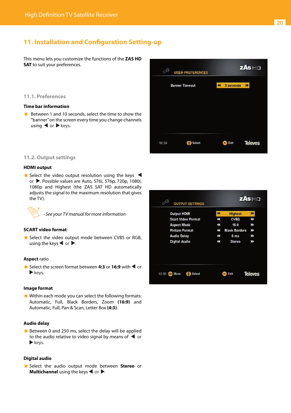 Installation and configuration setting-up, High definition tv satellite receiver | Televes High Definition TV Satellite Receiver, zAs HD SAT User Manual | Page 20 / 44