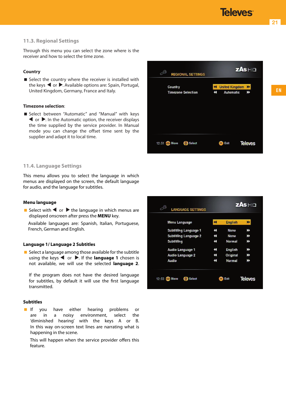 Televes High Definition TV Satellite Receiver, zAs HD SAT User Manual | Page 21 / 44