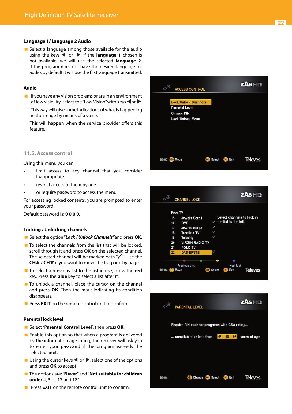 High definition tv satellite receiver | Televes High Definition TV Satellite Receiver, zAs HD SAT User Manual | Page 22 / 44