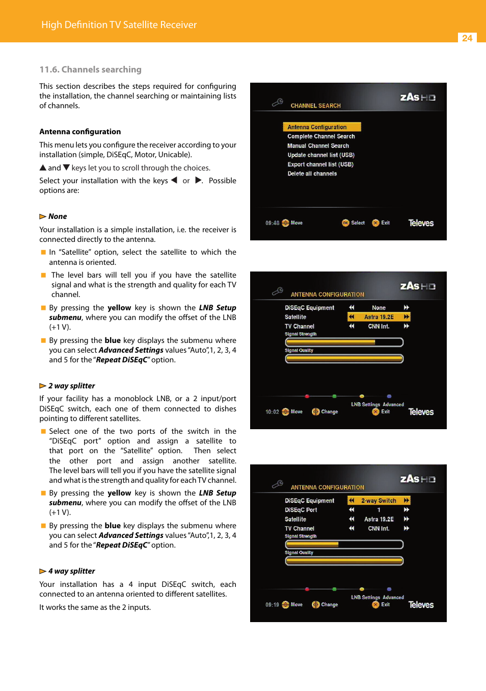 High definition tv satellite receiver | Televes High Definition TV Satellite Receiver, zAs HD SAT User Manual | Page 24 / 44