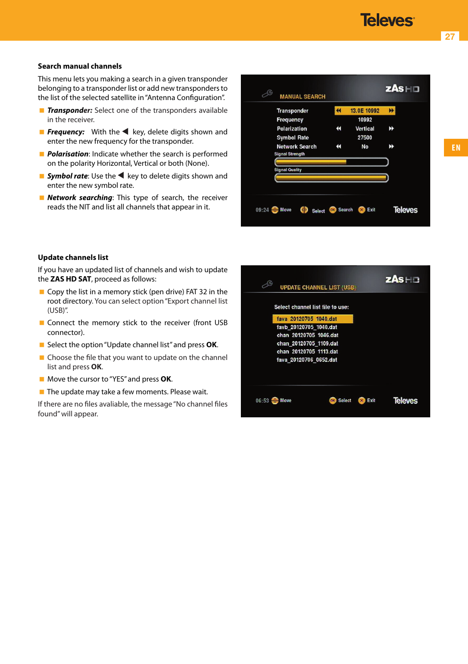 Televes High Definition TV Satellite Receiver, zAs HD SAT User Manual | Page 27 / 44