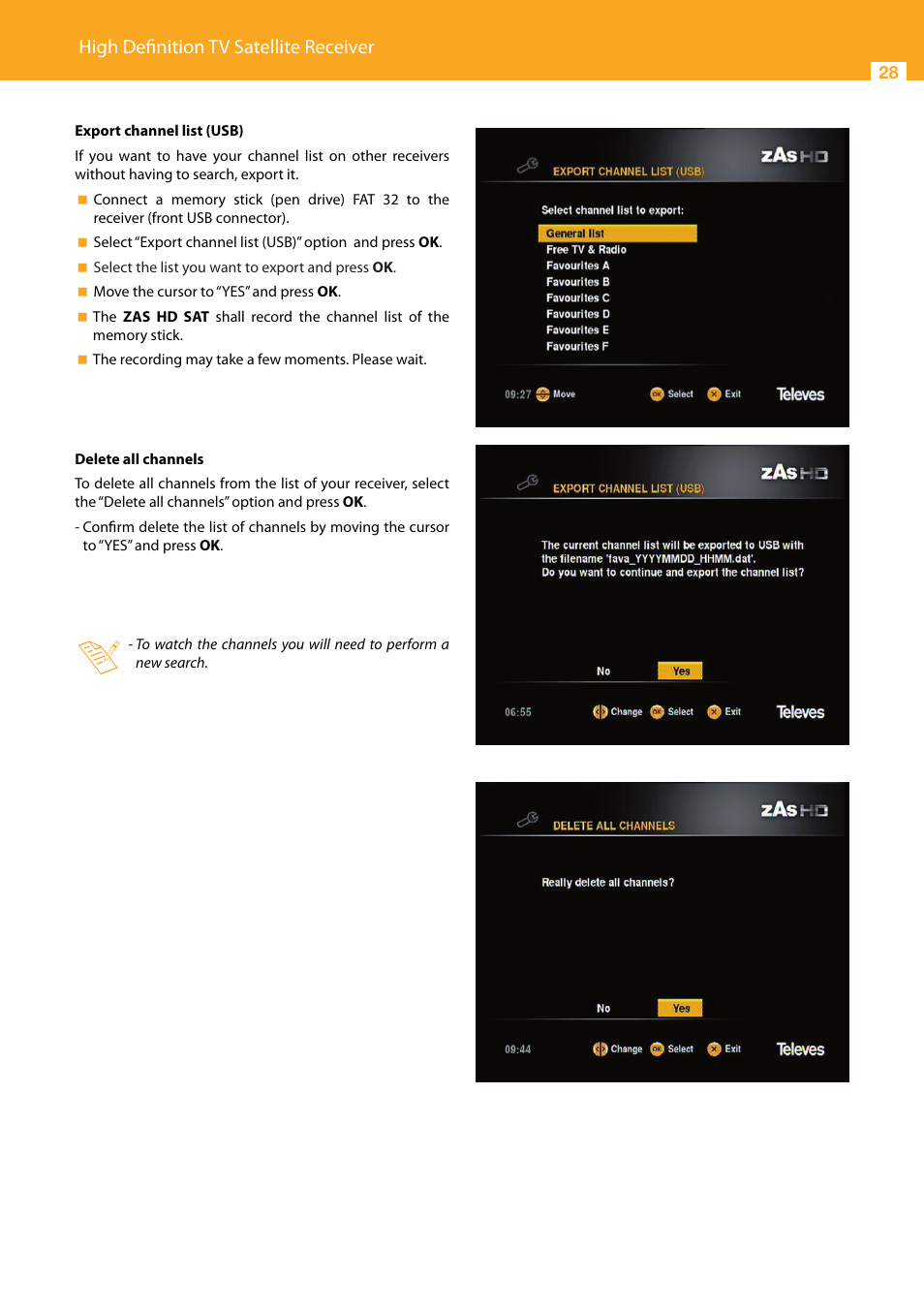 High definition tv satellite receiver | Televes High Definition TV Satellite Receiver, zAs HD SAT User Manual | Page 28 / 44