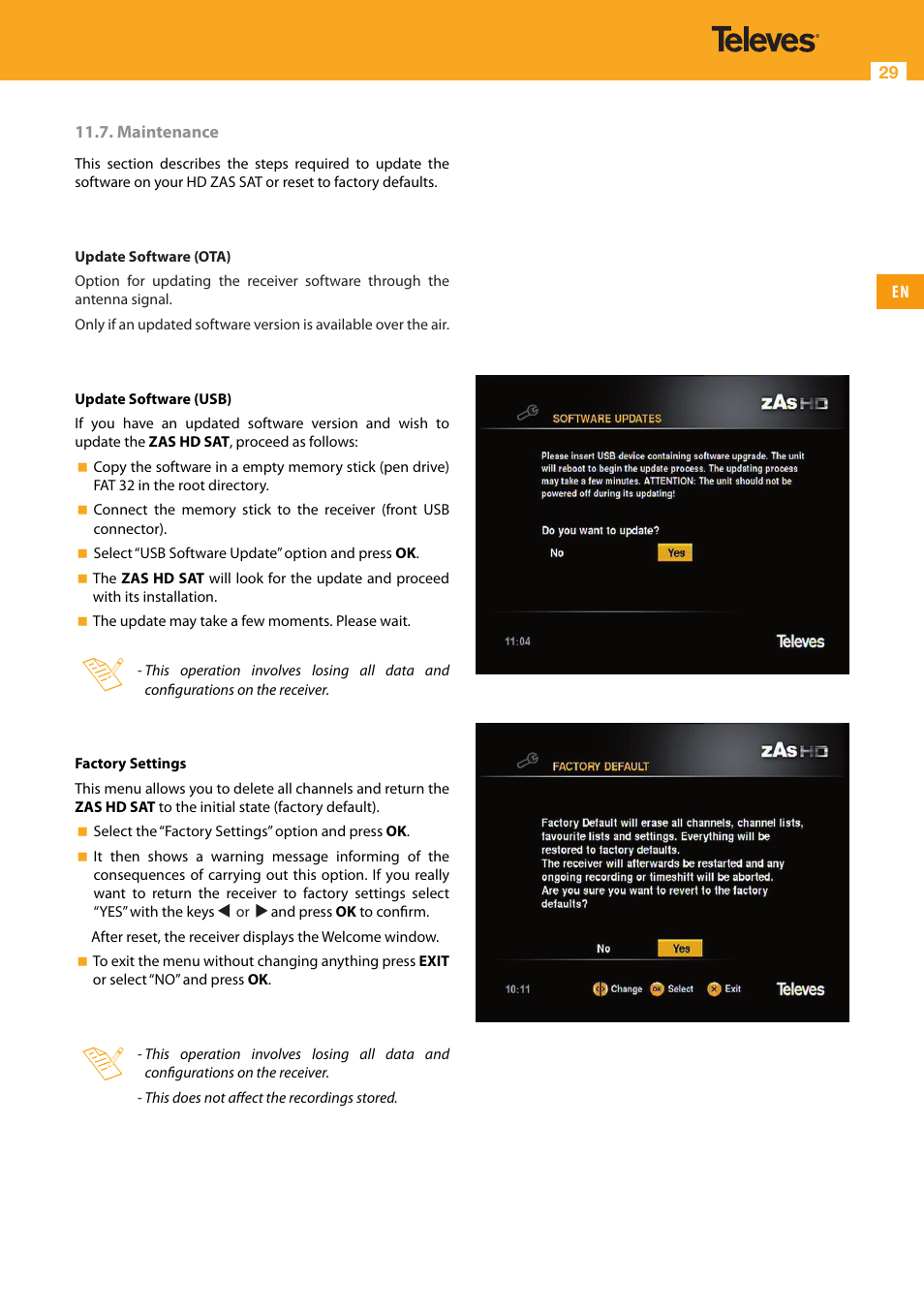 Televes High Definition TV Satellite Receiver, zAs HD SAT User Manual | Page 29 / 44