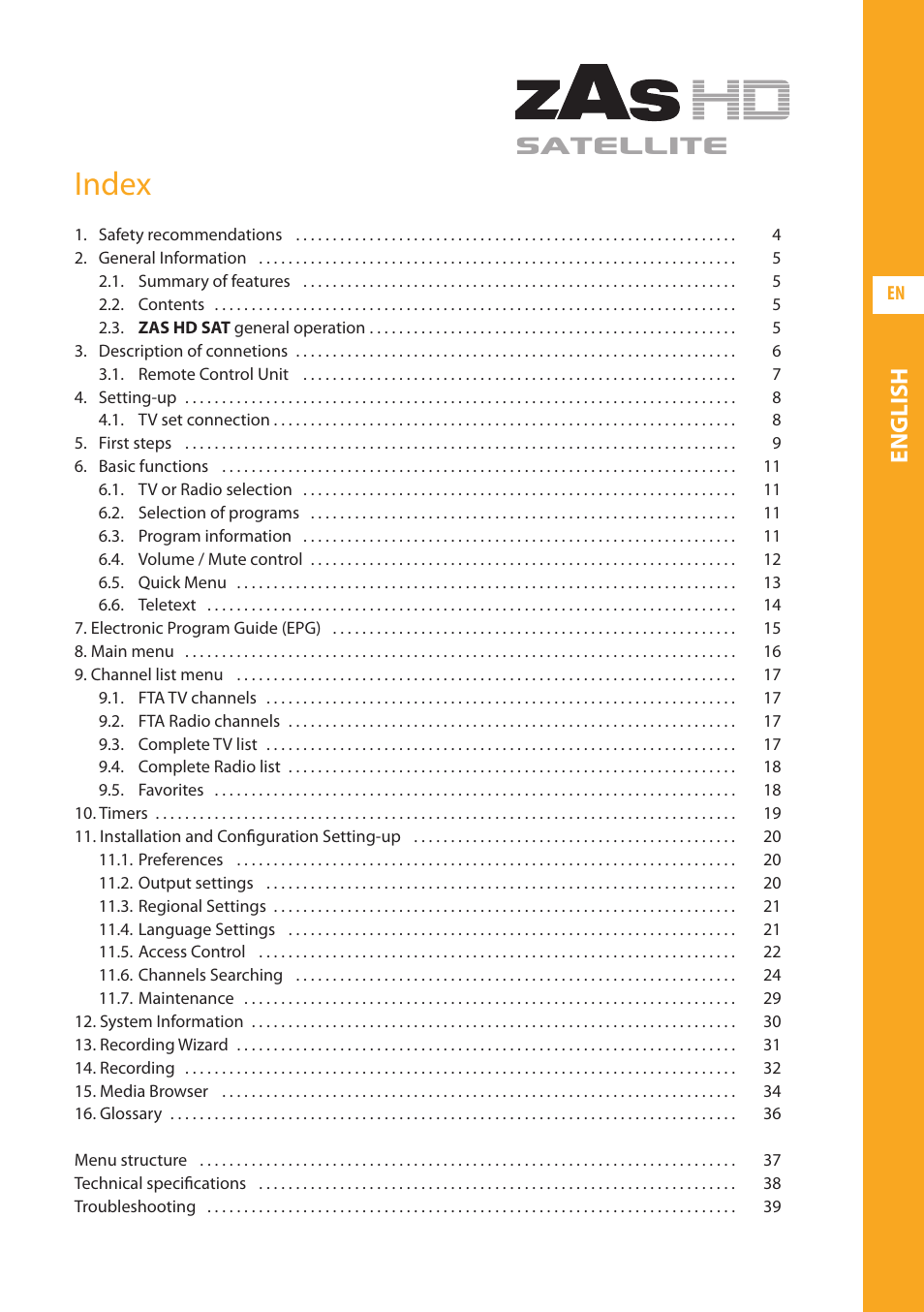 Satellite, Index, English | Televes High Definition TV Satellite Receiver, zAs HD SAT User Manual | Page 3 / 44