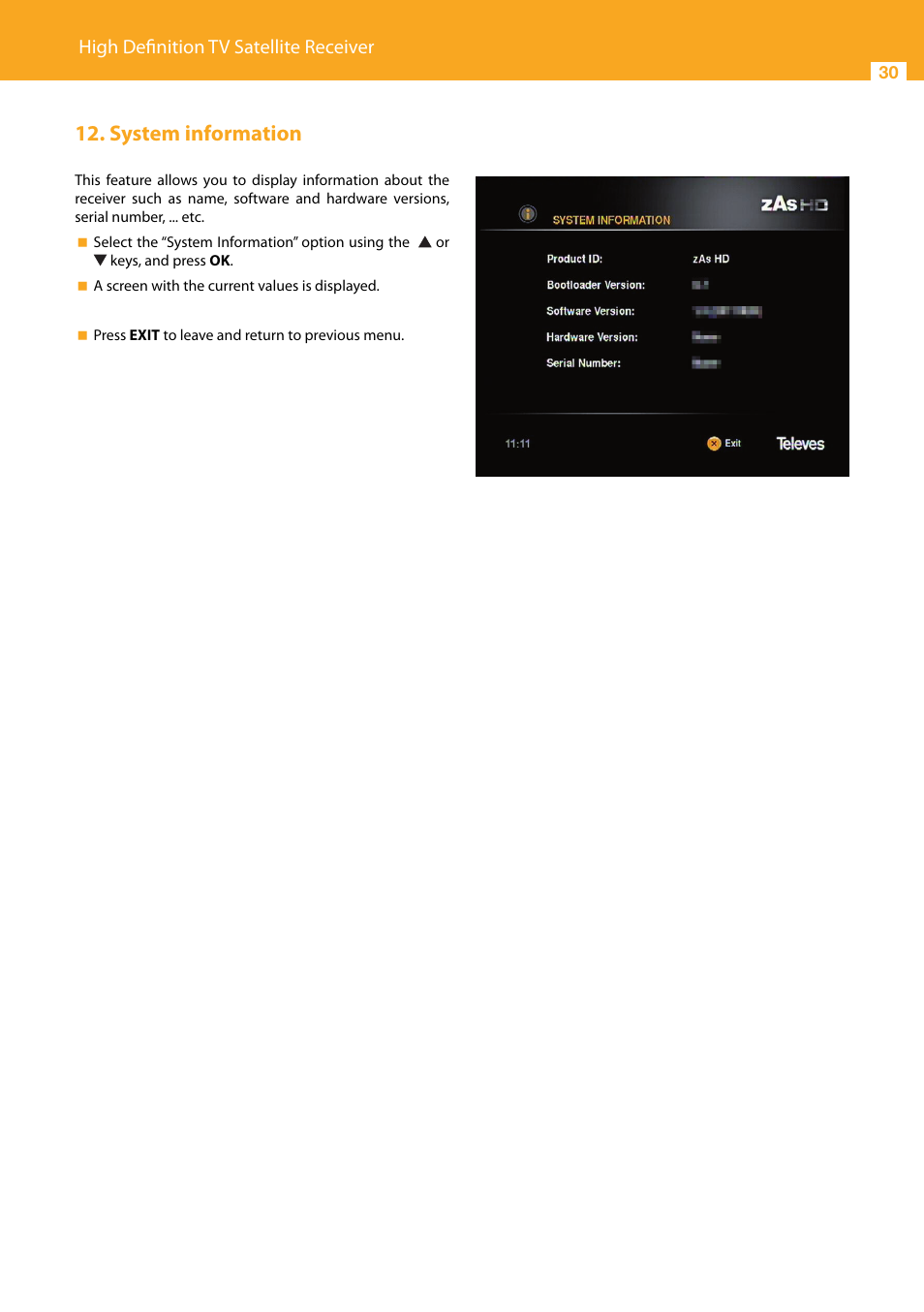 System information, High definition tv satellite receiver | Televes High Definition TV Satellite Receiver, zAs HD SAT User Manual | Page 30 / 44