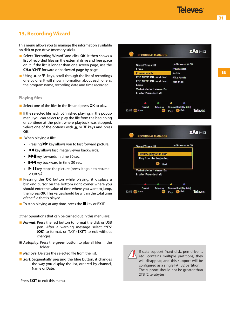 Recording wizard | Televes High Definition TV Satellite Receiver, zAs HD SAT User Manual | Page 31 / 44