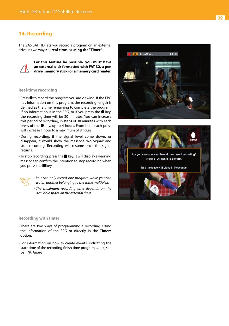 Recording, High definition tv satellite receiver | Televes High Definition TV Satellite Receiver, zAs HD SAT User Manual | Page 32 / 44
