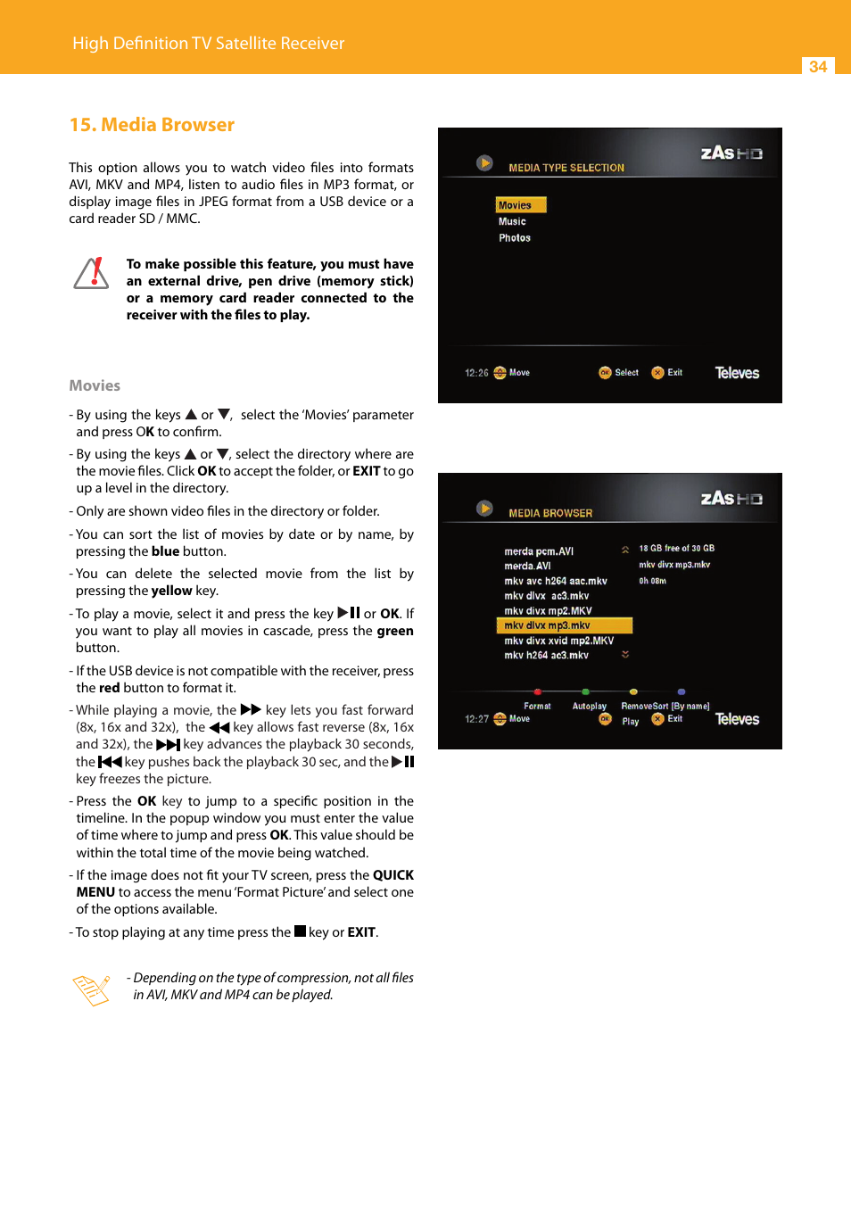 Media browser, High definition tv satellite receiver | Televes High Definition TV Satellite Receiver, zAs HD SAT User Manual | Page 34 / 44