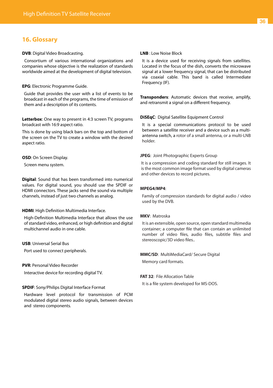 Glossary, High definition tv satellite receiver | Televes High Definition TV Satellite Receiver, zAs HD SAT User Manual | Page 36 / 44