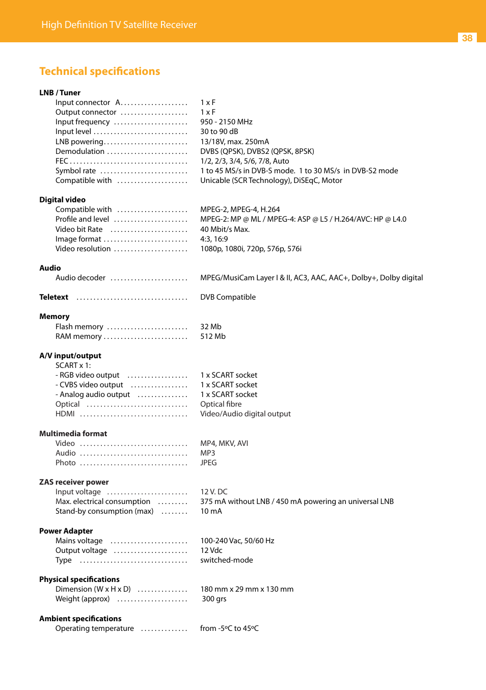 Technical specifications, High definition tv satellite receiver | Televes High Definition TV Satellite Receiver, zAs HD SAT User Manual | Page 38 / 44