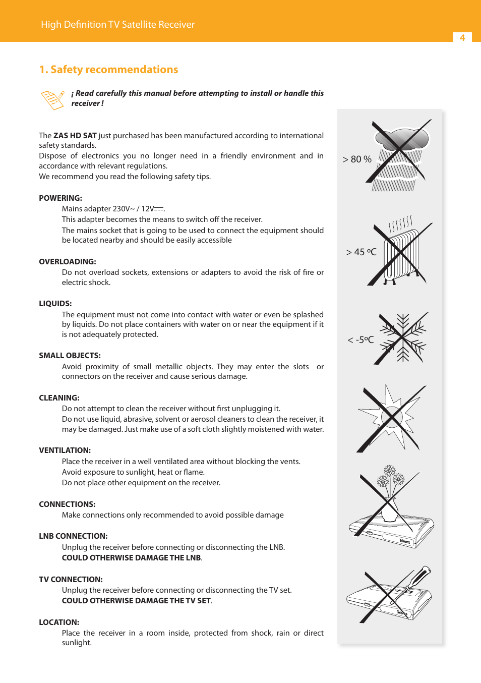 Safety recommendations, High definition tv satellite receiver | Televes High Definition TV Satellite Receiver, zAs HD SAT User Manual | Page 4 / 44