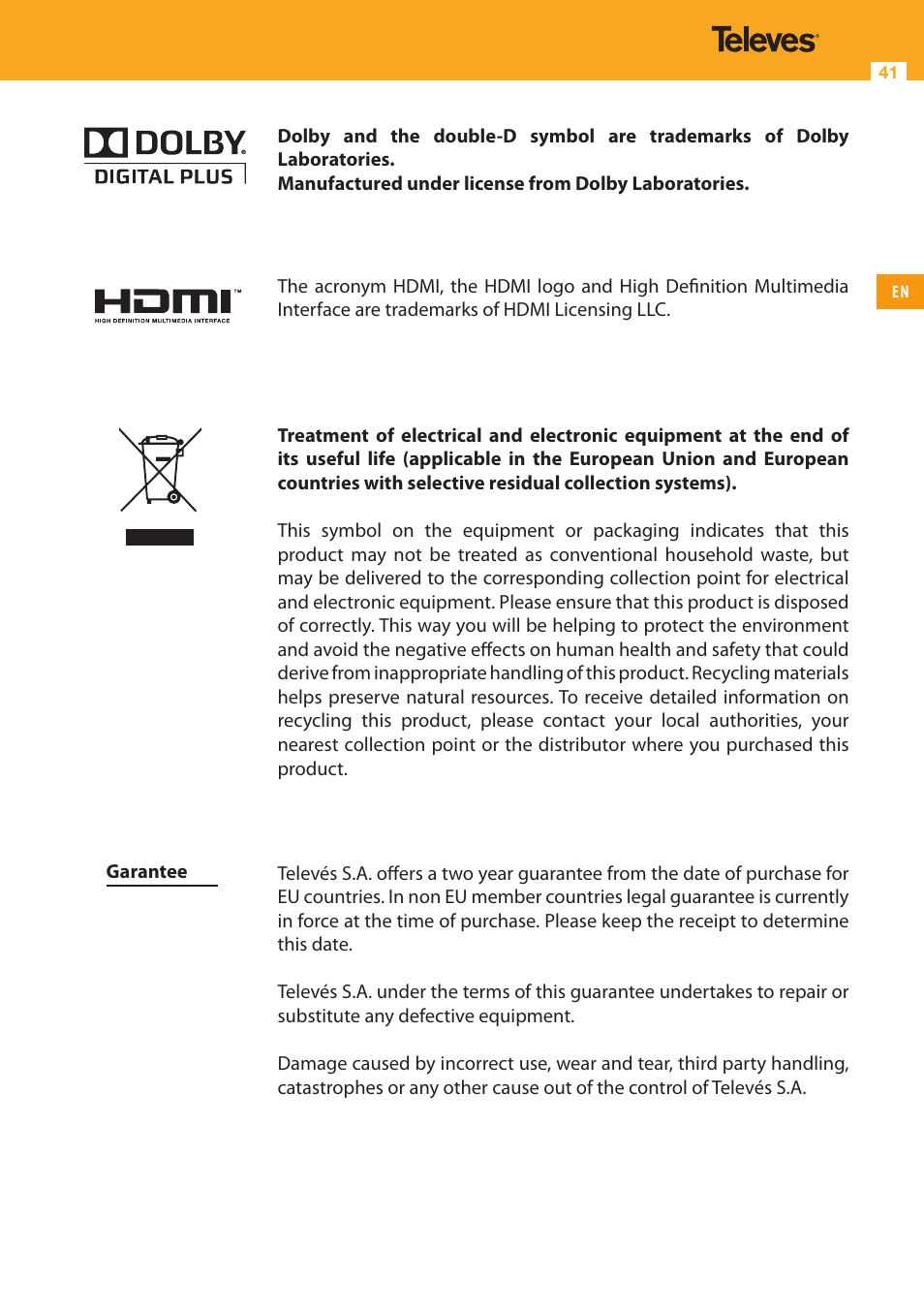 Televes High Definition TV Satellite Receiver, zAs HD SAT User Manual | Page 41 / 44