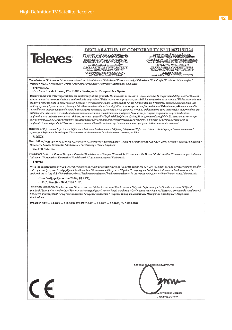 Televes High Definition TV Satellite Receiver, zAs HD SAT User Manual | Page 42 / 44