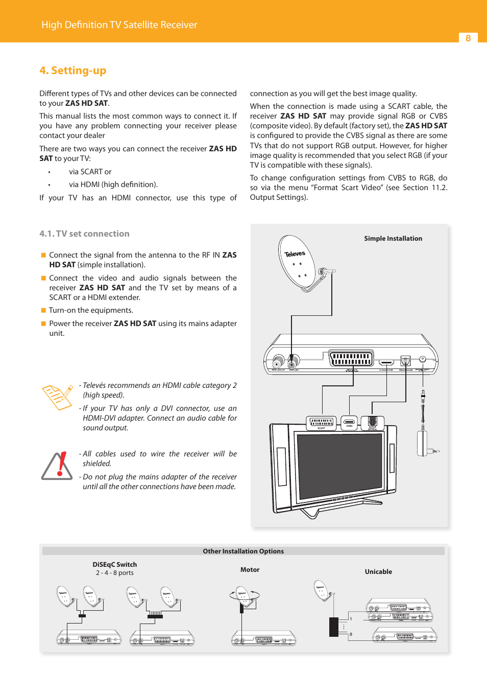 Setting-up, High definition tv satellite receiver, Tv set connection | Televes High Definition TV Satellite Receiver, zAs HD SAT User Manual | Page 8 / 44