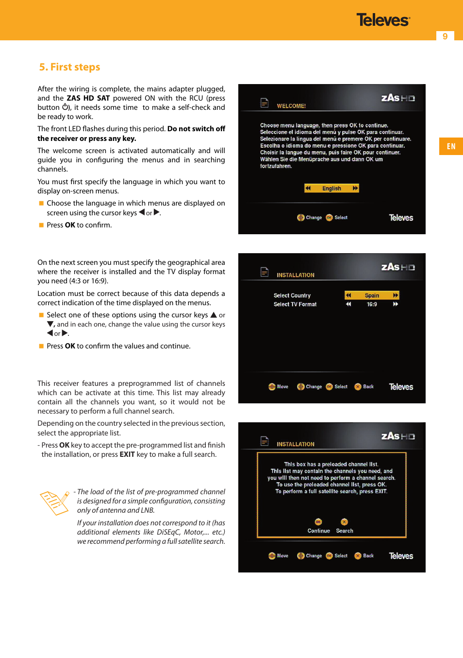 First steps | Televes High Definition TV Satellite Receiver, zAs HD SAT User Manual | Page 9 / 44