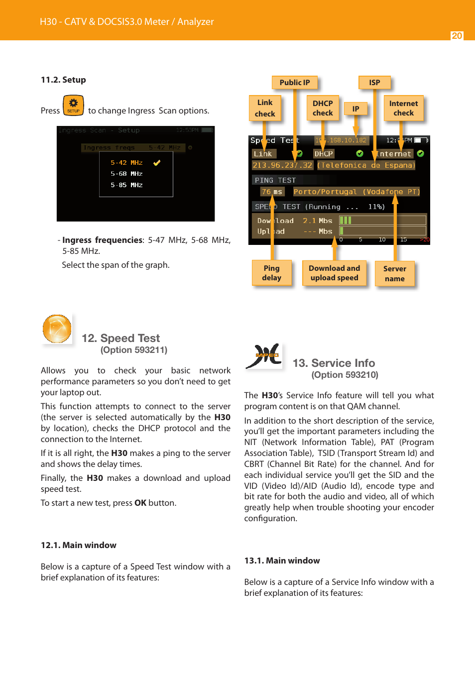 Speed test, Service info | Televes Serie H-30 User Manual | Page 20 / 32