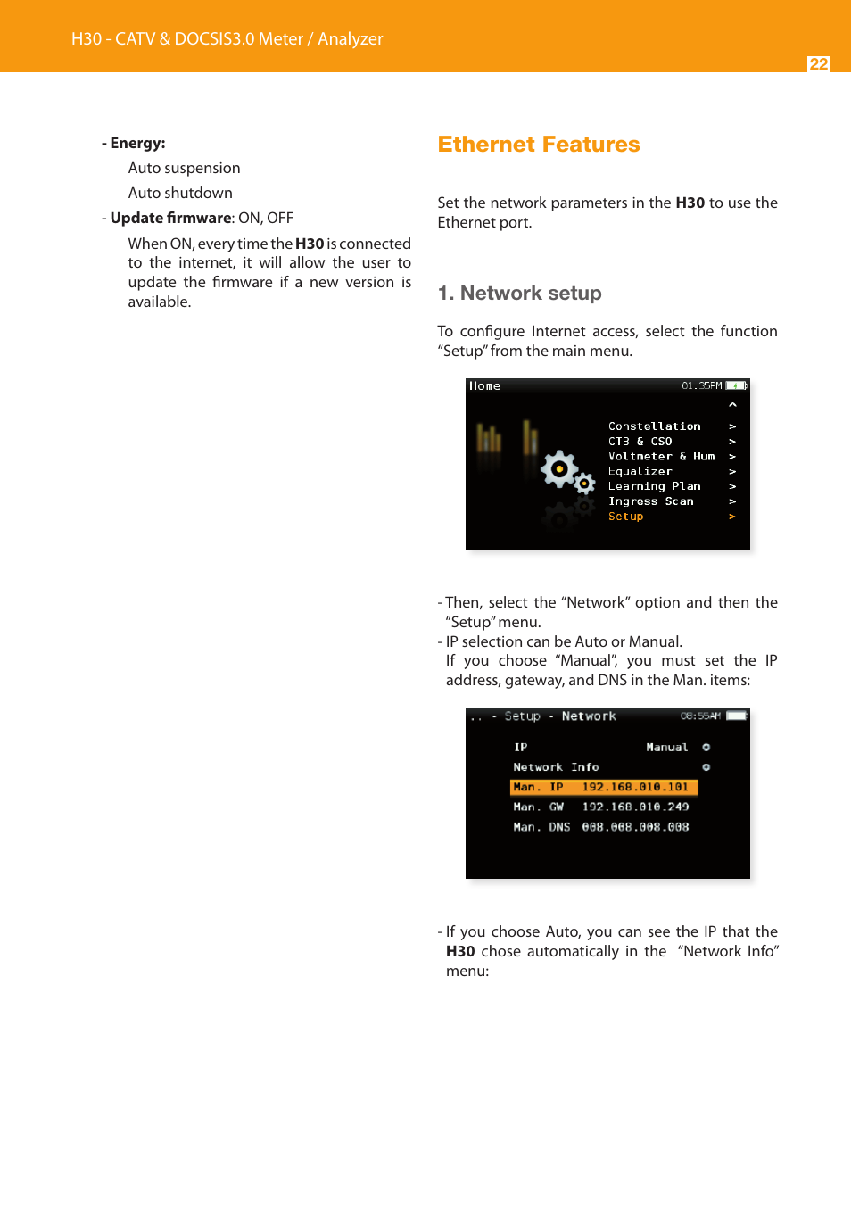 Ethernet features, Network setup | Televes Serie H-30 User Manual | Page 22 / 32