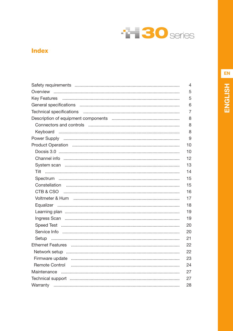 English, Index | Televes Serie H-30 User Manual | Page 3 / 32