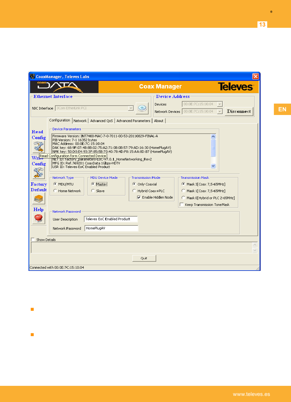 Setting master on distribution headend, Connect master to coaxial headend, Televes | Televes Coaxdata 1Gbps-HDTV COAX+PLC 1ETH+1SFP User Manual | Page 13 / 34