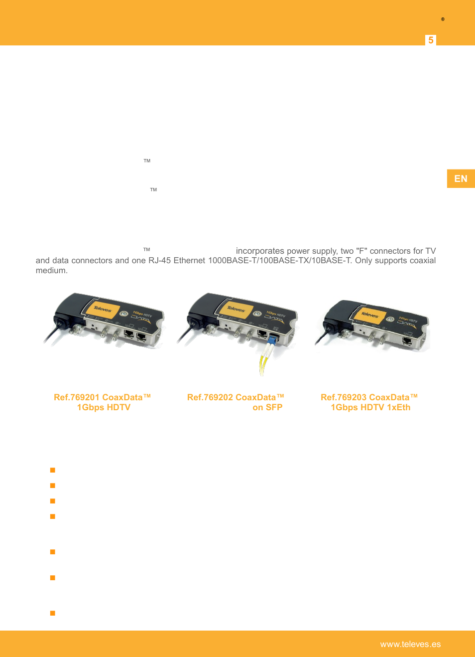 Introduction, Modem ethernet over coaxial. coaxdata 1gbps-hdtv, Main features | Televes | Televes Coaxdata 1Gbps-HDTV COAX+PLC 1ETH+1SFP User Manual | Page 5 / 34