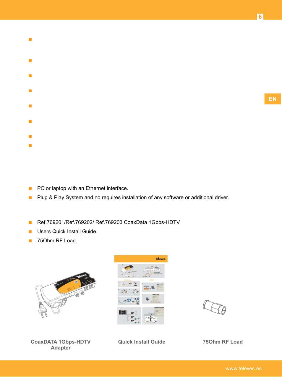 System requirements, Coaxdata 1gbps-hdtv package contents | Televes Coaxdata 1Gbps-HDTV COAX+PLC 1ETH+1SFP User Manual | Page 6 / 34