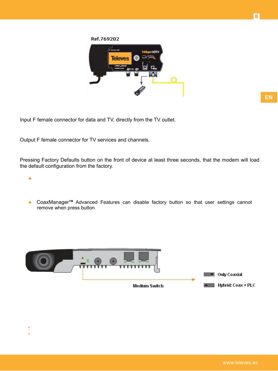 Data input. tv + data, Output tv. tv, Factory defaults button (factory settings ) | Medium switch, Adapter leds, Hybrid/coaxial medium led | Televes Coaxdata 1Gbps-HDTV COAX+PLC 1ETH+1SFP User Manual | Page 8 / 34