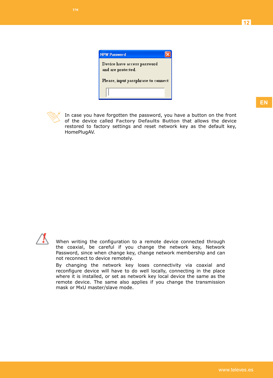 User description, Writing device settings | Televes Coaxdata 1Gbps-HDTV COAX+PLC 1ETH+1SFP User Manual | Page 12 / 29