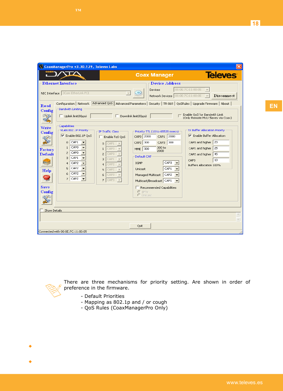 Setting qos parameters (advanced user), Default priorities | Televes Coaxdata 1Gbps-HDTV COAX+PLC 1ETH+1SFP User Manual | Page 18 / 29