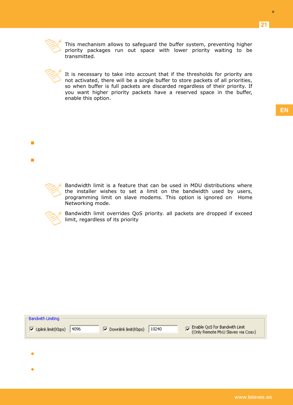 Bandwidth limit, Bandwidth limit with qos, Televes | Televes Coaxdata 1Gbps-HDTV COAX+PLC 1ETH+1SFP User Manual | Page 21 / 29