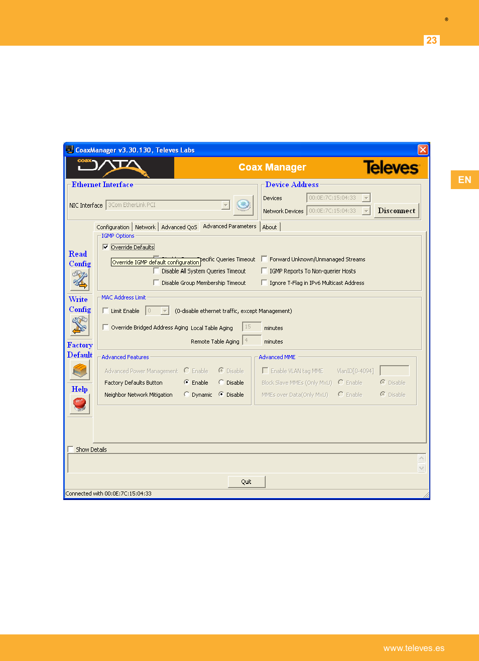 Setting advanced configuration, Igmp options, Televes | Televes Coaxdata 1Gbps-HDTV COAX+PLC 1ETH+1SFP User Manual | Page 23 / 29