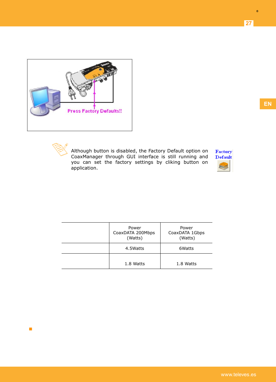 Factory defaults button, Advanced power management, Advanced mme features | Televes | Televes Coaxdata 1Gbps-HDTV COAX+PLC 1ETH+1SFP User Manual | Page 27 / 29