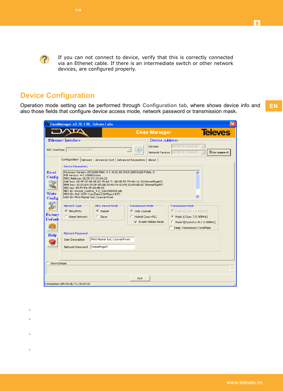 Device configuration | Televes Coaxdata 1Gbps-HDTV COAX+PLC 1ETH+1SFP User Manual | Page 8 / 29