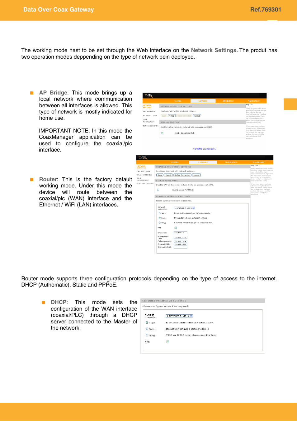 Setting up of the working mode | Televes COAXDATA GATEWAY 1Gbps User Manual | Page 15 / 32