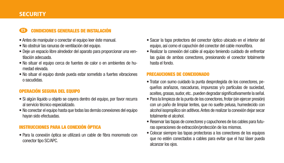 Security | Televes DOMESTIC F.O. Rx MATV SC/APC OLC User Manual | Page 2 / 24